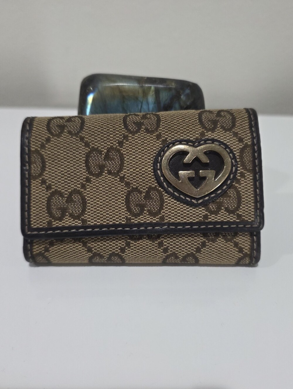 Gucci Beige Brown GG Heart Monogram Small Key Holder Wallet